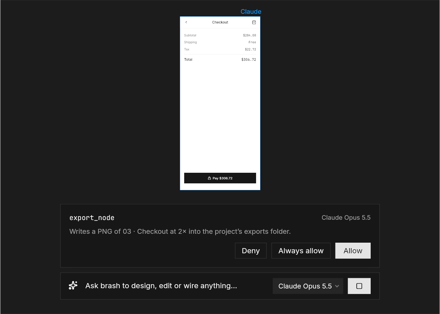An agent working on the checkout screen, asking permission to export it, with Allow, Deny and Always allow above the agent bar.